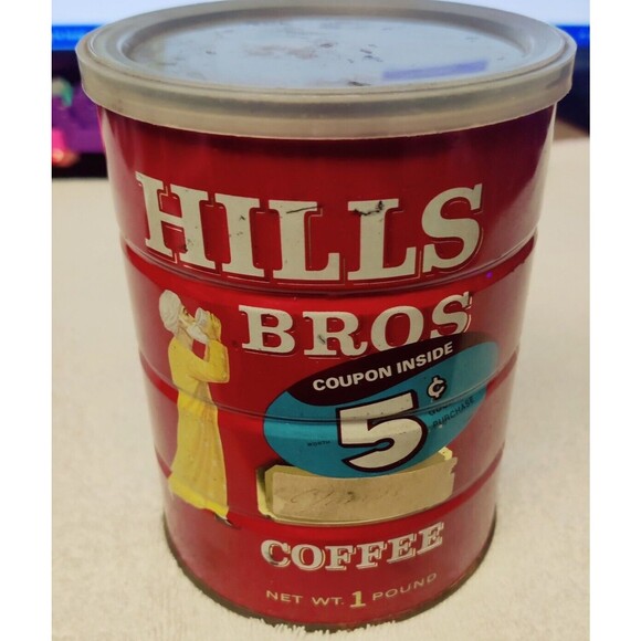 HILLS BROS DRIP GRIND COFFEE CAN TIN 1 LB. with 5 CENTS OFF, COLLECTORS ITEM - Picture 3 of 14
